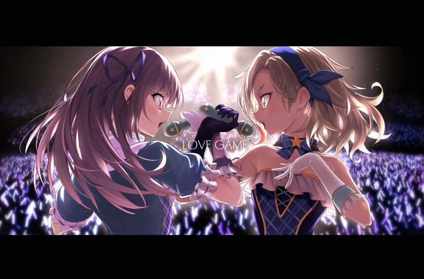 2girls bare_shoulders blue_bow blue_bowtie blue_ribbon bow bowtie brown_hair copyright_request crowd gloves glowstick grey_shirt hair_ribbon hairband hand_on_own_chest highres holding holding_microphone idol letterboxed long_hair microphone multiple_girls music open_mouth puffy_short_sleeves puffy_sleeves purple_eyes ribbon shirt short_sleeves singing smile ulrich_(tagaragakuin) white_gloves