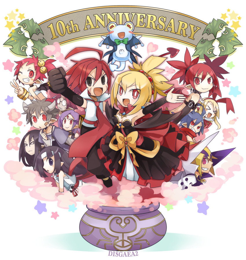 6+boys 6+girls ;) adell_(disgaea) ahoge akutare_(disgaea) anniversary antenna_hair bandaid bandaid_on_face bat_wings bow bowtie breasts cauldron child choker demon_boy demon_girl demon_tail demon_wings disgaea dress earrings etna_(disgaea) flat_chest flonne flonne_(fallen_angel) gloves green_bow green_bowtie hanako_(disgaea) highres horns jewelry laharl makai_senki_disgaea_2 mini_wings multiple_boys multiple_girls o-ring o-ring_choker o-ring_collar one_eye_closed open_mouth pointy_ears prinny purple_eyes red_eyes red_hair red_tail red_wings rozalin skull_earrings smile tail taro_(disgaea) teeth third_eye tink_(disgaea) twintails usamasuku v white_dress wings yukimaru_(disgaea)