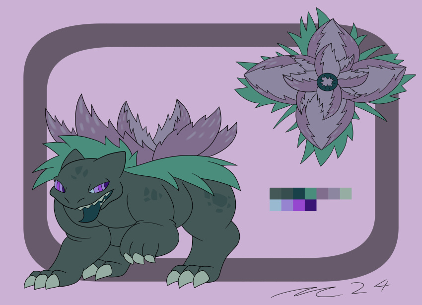 absurd_res dirtymac elemental_creature feral flora_fauna flower flower_(anatomy) flower_creature generation_1_pokemon green_body green_skin hi_res male model_sheet monster nintendo plant pokemon pokemon_(species) purple_eyes venusaur