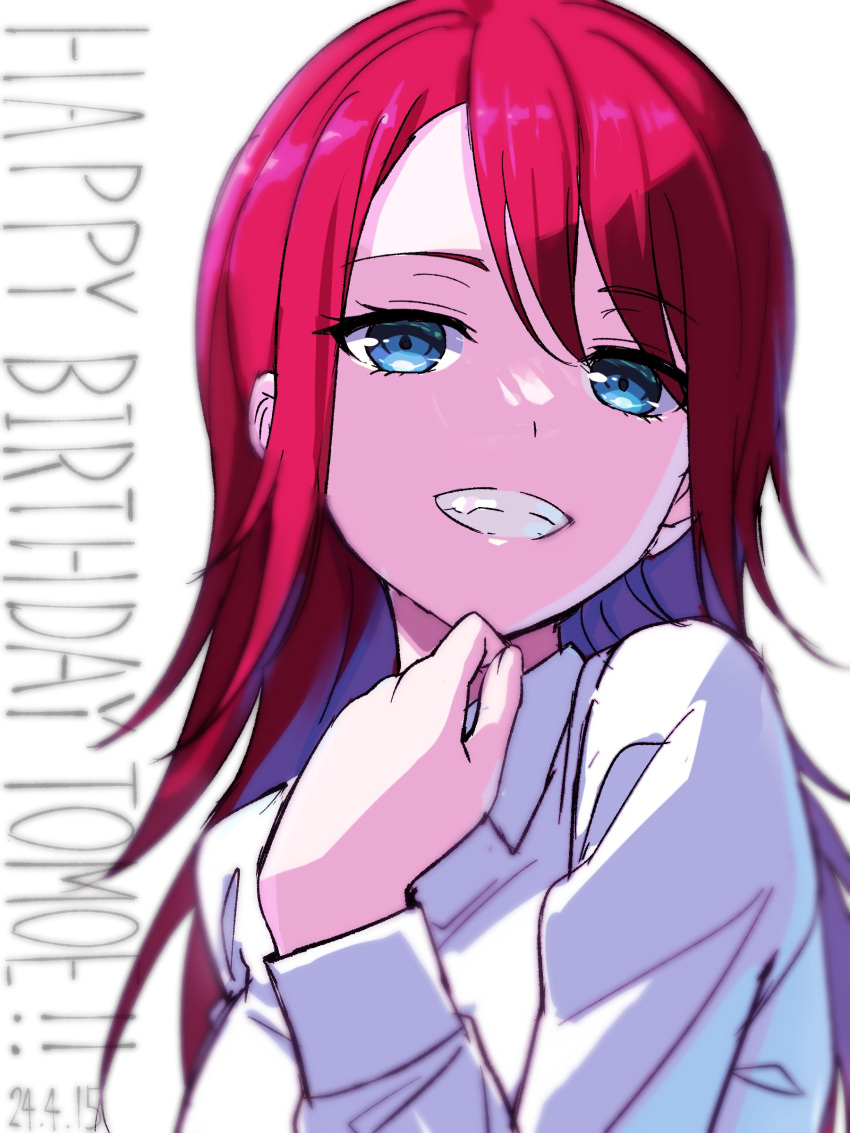 1girl absurdres bang_dream! blue_eyes blue_hair clenched_teeth collared_shirt commentary dated dress_shirt english_commentary happy_birthday highres long_hair long_sleeves looking_at_viewer mixed-language_commentary nobusawa_osamu red_hair shirt sidelocks solo teeth udagawa_tomoe upper_body white_background white_shirt