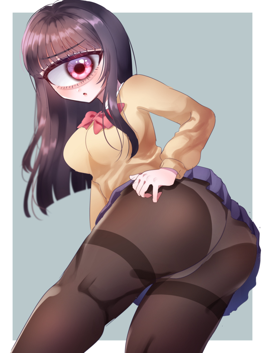 1girl ass azen_(mntimcczgrtn) black_hair blunt_ends bow bowtie cyclops from_behind highres long_hair long_sleeves looking_back monster_girl one-eyed original panties pantyhose pink_eyes pleated_skirt school_uniform skirt solo sweater thighband_pantyhose underwear