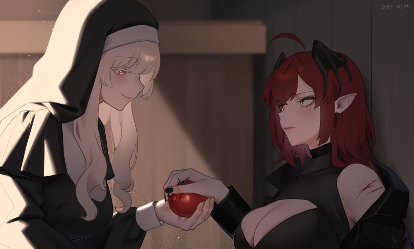 2girls ahoge artist_name bare_shoulders black_collar black_jacket black_nails blanche_neige_(svet_yomi) blonde_hair blood breasts cleavage cleavage_cutout closed_mouth clothing_cutout collar food from_side giving_food grey_shirt habit head_wings highres holding holding_food indoors jacket large_breasts long_hair long_sleeves multiple_girls nail_polish nun open_clothes open_jacket original pink_eyes pointy_ears puffy_long_sleeves puffy_sleeves red_hair runny_makeup scratches shirt shrug_(clothing) smile sorath_(svet_yomi) svet_yomi tears tomato traditional_nun vampire wings yellow_eyes