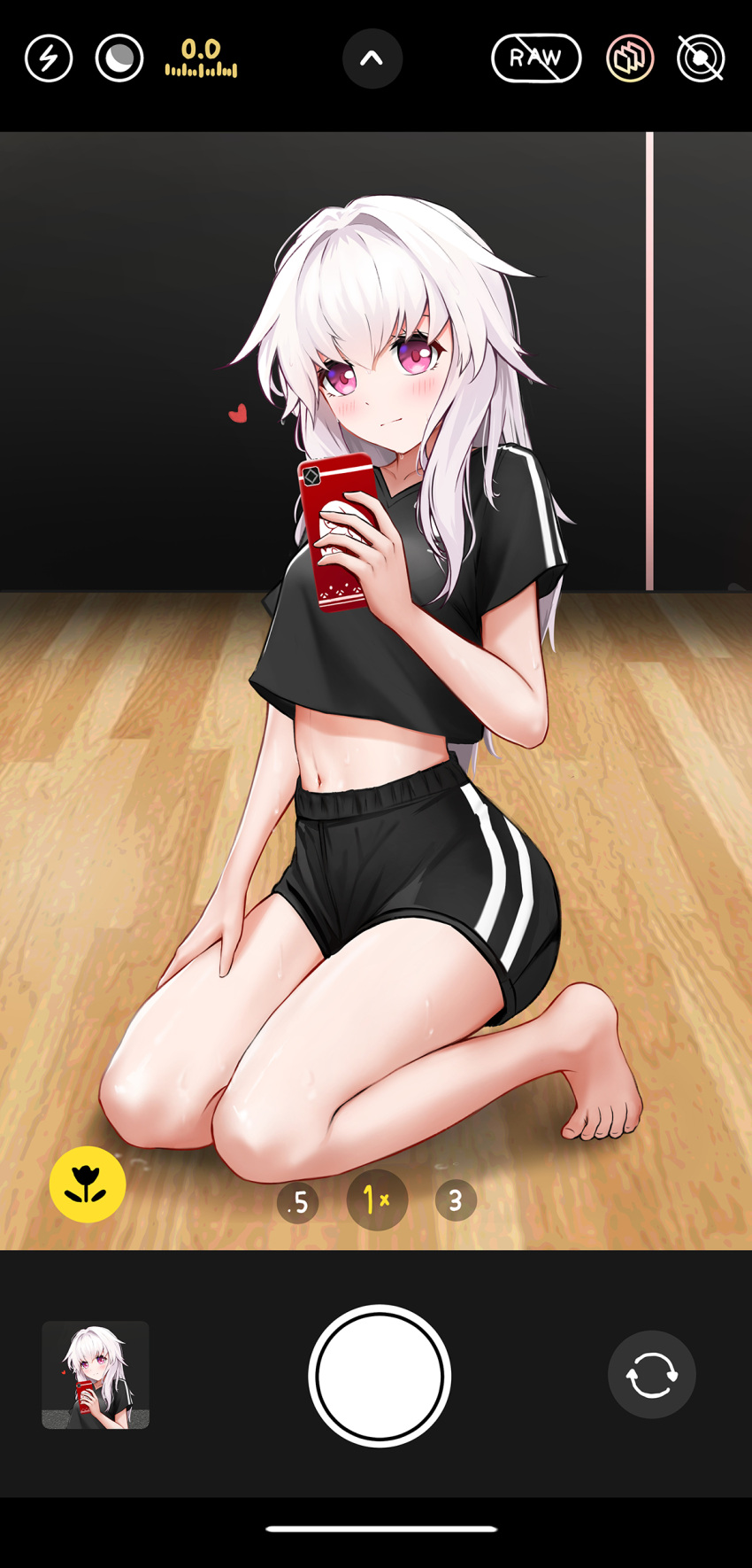 1girl absurdres alternate_eye_color barefoot black_shirt black_shorts blush breasts clara_(honkai:_star_rail) cropped_shirt dolphin_shorts eyebrows_hidden_by_hair full_body hair_between_eyes hand_on_own_leg heart highres holding holding_phone honkai:_star_rail honkai_(series) indoors kneeling knees_together_feet_apart midriff navel nzdwarf phone pink_eyes shirt short_shorts shorts shy small_breasts solo sweat viewfinder white_hair wooden_floor