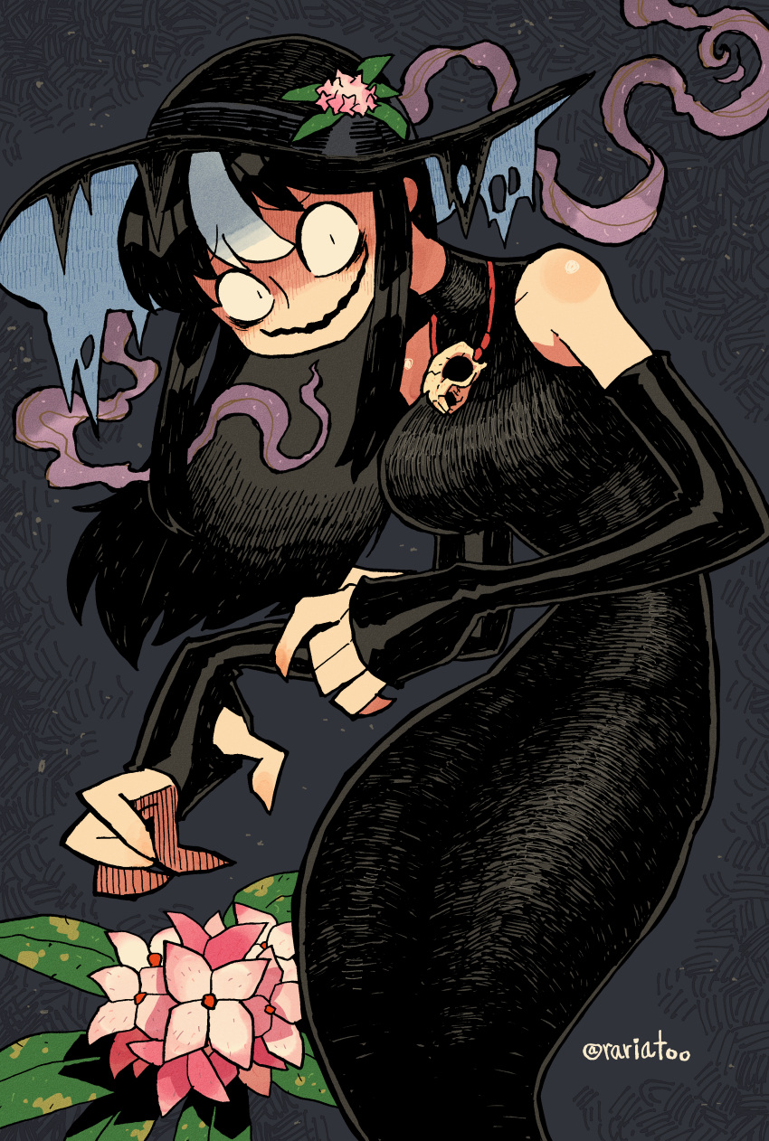 1girl absurdres animal_skull black_dress black_headwear breasts detached_sleeves dress fingerless_gloves flower gloves hat highres jewelry large_breasts long_dress long_fingers long_hair melting multicolored_hair necklace noss_(rariatto) open_hand open_mouth original plant pun rariatto_(ganguri) shaded_face skull_necklace streaked_hair sun_hat torn_clothes torn_hat twitter_username wavy_mouth white_hair