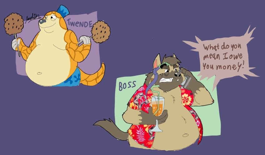 2024 anthro belly beverage big_belly black_nose boss_(twende) brown_body cellphone clothing electronics english_text food hat headgear headwear hi_res humanoid_hands hyena jacobspencer04 male mammal navel overweight overweight_male pangolin phone simple_background smartphone solo text twende_(character) twende_(series)