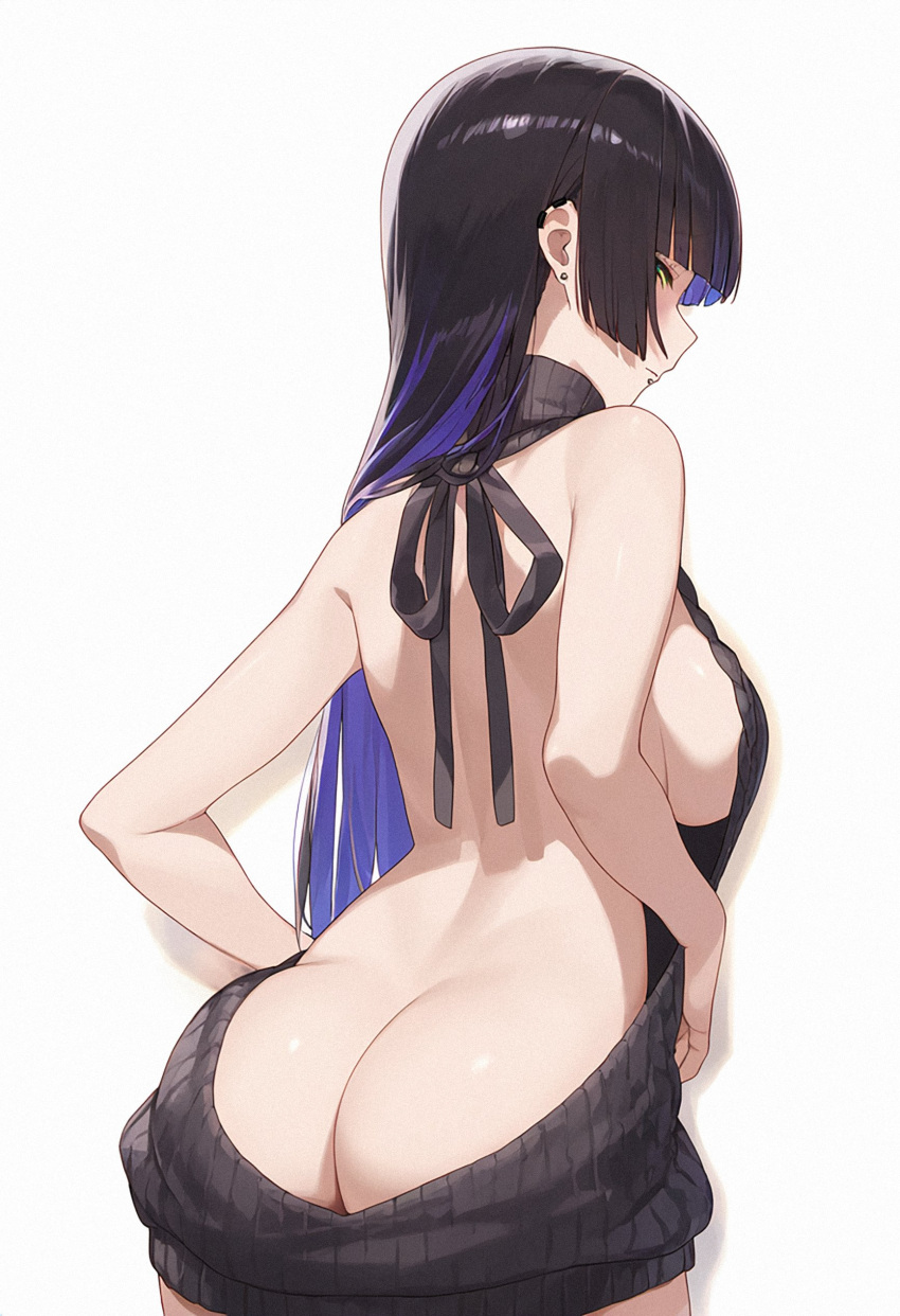 absurdres ass ass_focus back black_hair bocchi_the_rock! breasts green_eyes highres looking_back meme_attire pa-san shark_lj sideboob virgin_killer_sweater