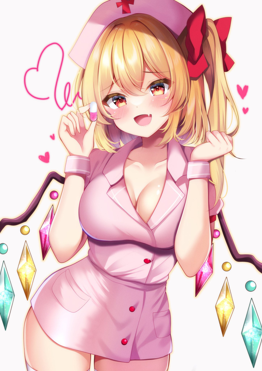 1girl :d alternate_breast_size alternate_costume blonde_hair blush bow breasts cleavage clenched_hand collarbone collared_shirt commentary_request cowboy_shot crystal curvy fang flandre_scarlet hair_between_eyes hair_bow hands_up hat heart heart_of_string highres holding_pill large_breasts long_hair looking_at_viewer lovestruck miniskirt nurse nurse_cap open_mouth pencil_skirt pill pink_hat pink_shirt pink_skirt pink_wrist_cuffs red_bow red_eyes shirotsuki_shirone shirt simple_background skin_fang skirt smile solo straight-on touhou tsurime white_background wings wrist_cuffs