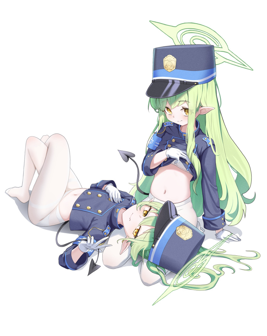 2girls absurdres arm_support blue_archive blue_jacket blush clothes_lift cropped_jacket crossed_legs demon_tail gloves green_hair halo hat highres hikari_(blue_archive) jacket jacket_lift kneeling knees_up lap_pillow lifted_by_self looking_at_viewer lying mint_cat_(a_huu) multiple_girls navel no_pants no_shoes nozomi_(blue_archive) on_back pantyhose peaked_cap pointy_ears siblings simple_background sisters smile stomach tail twins white_background white_gloves white_pantyhose yellow_eyes