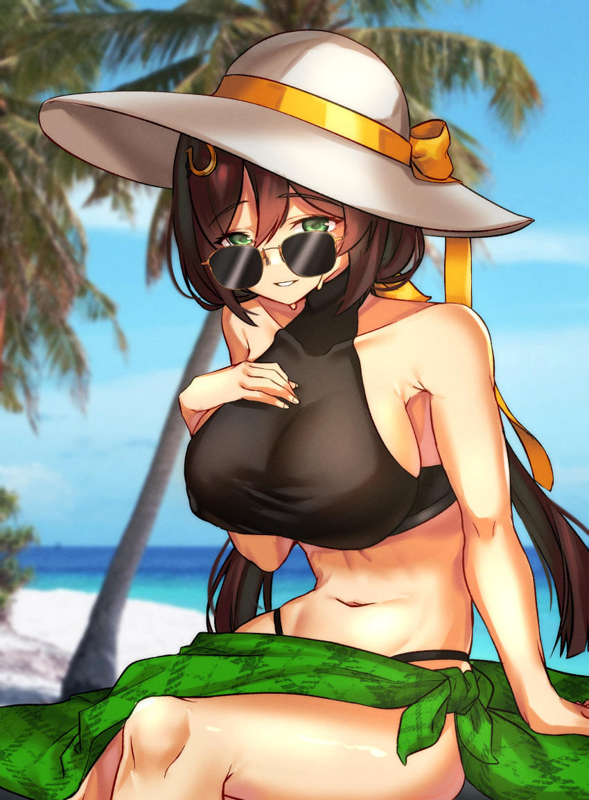 1girl absurdres alternate_costume bare_shoulders beach bikini black_bikini blurry blurry_background breasts brown_hair commentary_request green_eyes grin hand_on_own_chest hat hayakawa_tazuna highres large_breasts long_hair looking_at_viewer navel ocean outdoors sand sarong sitting smile solo sun_hat sunglasses sweat swimsuit tomoru_(tomanvil_3) umamusume water white_hat