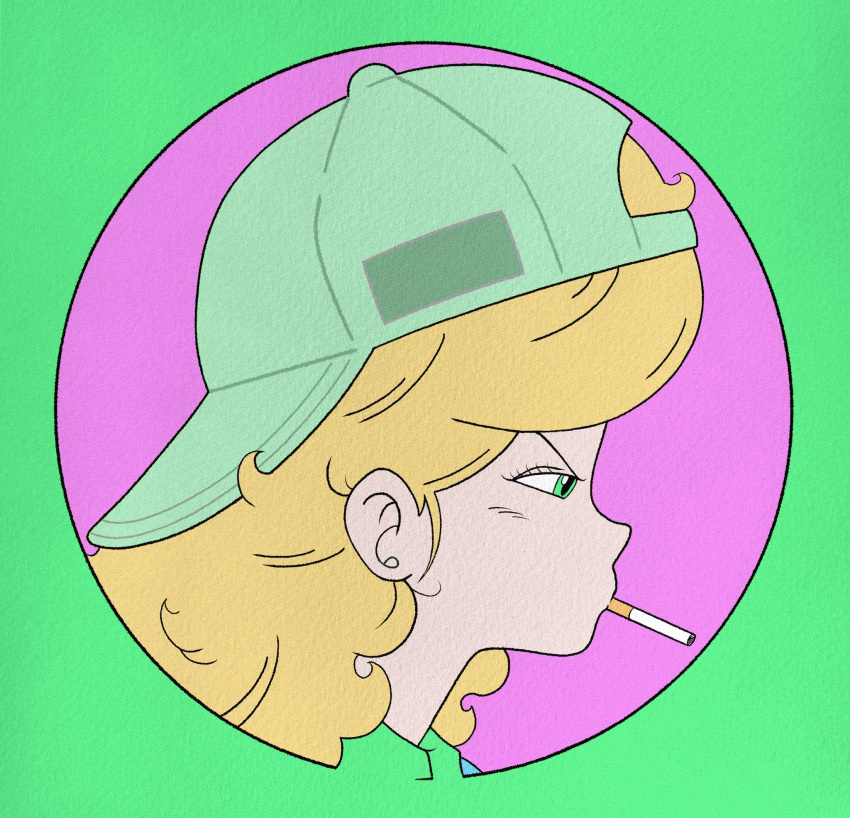 1girl baseball_cap blonde_hair cigarette circle dragon_ball dragon_ball_(classic) green_eyes hat highres lunch_(dragon_ball) portrait procreate_(medium) solo variant_set wesatinthecar