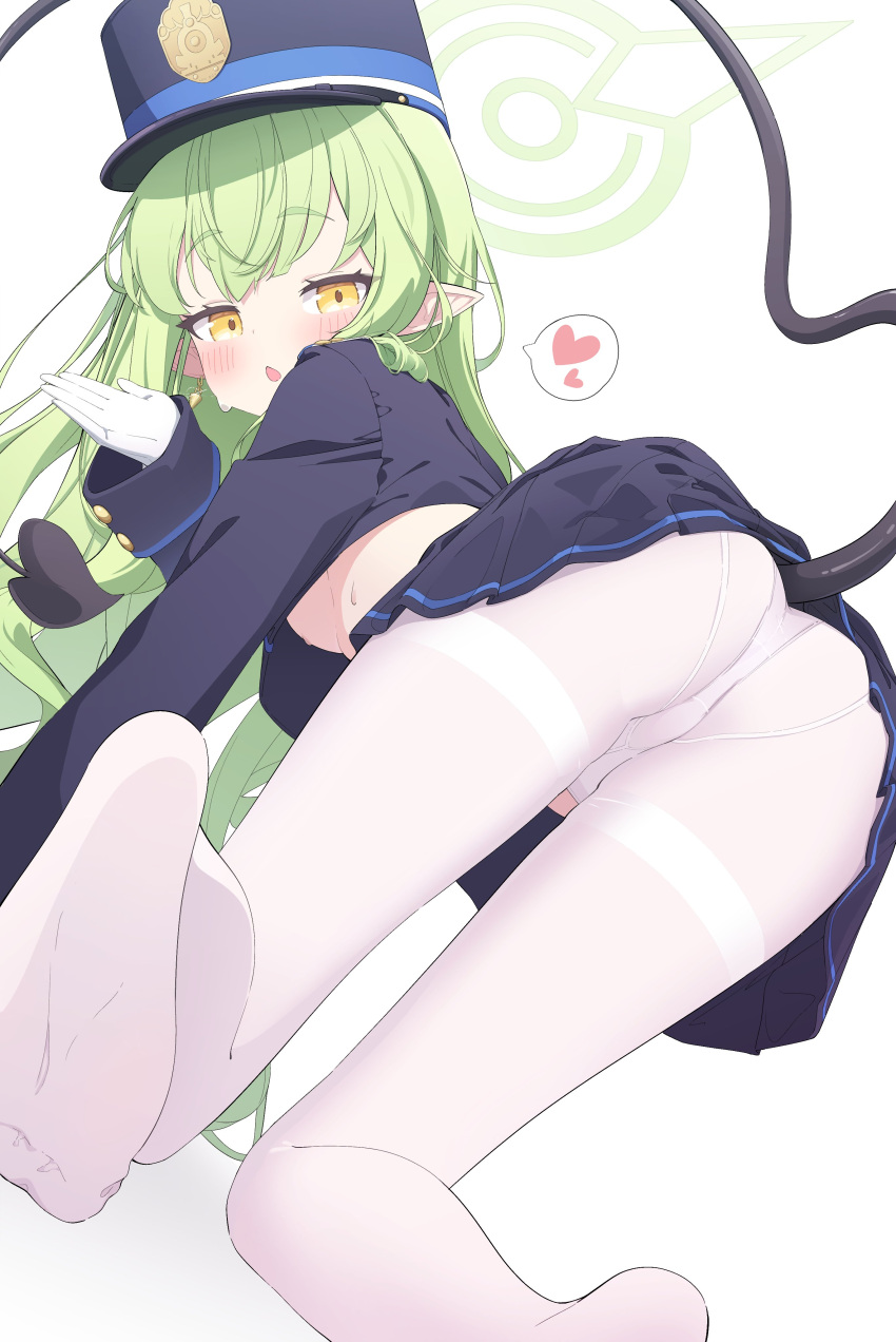 1girl absurdres all_fours black_hat black_jacket black_skirt blue_archive blush commentary_request crop_top demon_tail from_behind gloves green_hair green_halo halo hand_up hat heart highres hikari_(blue_archive) jacket long_hair long_sleeves looking_at_viewer miniskirt no_shoes open_mouth panties pantyhose peaked_cap pleated_skirt pointy_ears sidelocks simple_background skirt solo sweat tail thighband_pantyhose underwear white_background white_gloves white_panties white_pantyhose wqooon yellow_eyes