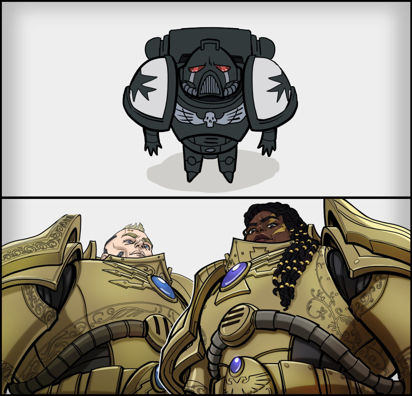 1girl 2boys adeptus_astartes adeptus_custodes armor black_hair black_templars blonde_hair chibi crying dark_skin helmet highres inkary looking_down looking_up multiple_boys power_armor warhammer_40k