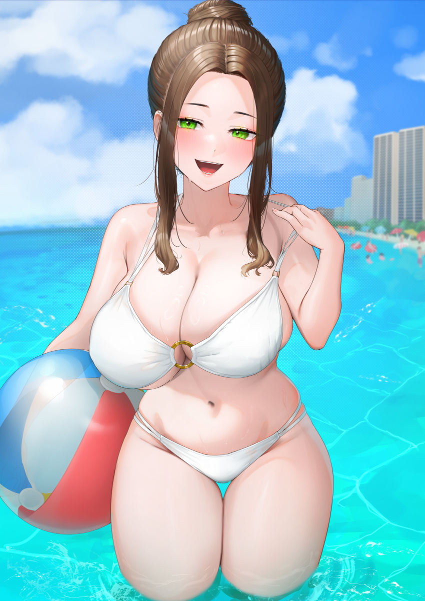 1girl absurdres ball beach_umbrella beachball bikini blurry blurry_background breasts brown_hair building cleavage cloud green_eyes hair_bun highres holding holding_ball holding_beachball large_breasts navel o-ring o-ring_top ocean open_mouth original rushian sidelocks sky skyscraper swimsuit thigh_gap umbrella water wet white_bikini