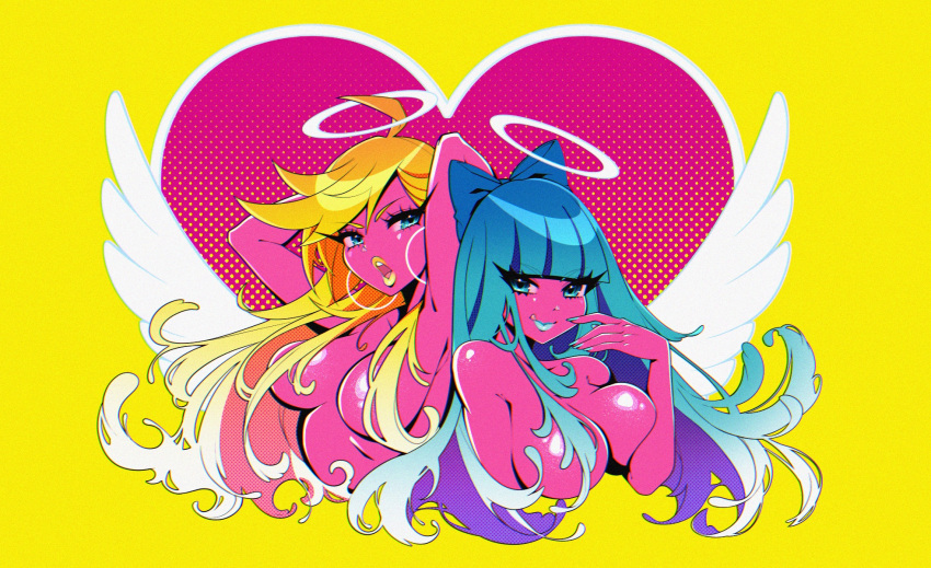 2girls abottleofstars ahoge album_cover_redraw angel_wings arms_up blonde_hair blue_bow blue_eyes blue_hair blue_lips blue_nails bow breasts colored_skin commentary cropped_torso derivative_work earrings english_commentary hair_bow hair_censor hair_over_breasts halftone halo heart highres hoop_earrings jewelry large_breasts licking_lips lipstick long_hair makeup multiple_girls nail_polish nude open_mouth panty_&amp;_stocking_with_garterbelt panty_(psg) pink_skin shiny_skin siblings sisters stocking_(psg) tongue tongue_out wings yellow_background yellow_lips