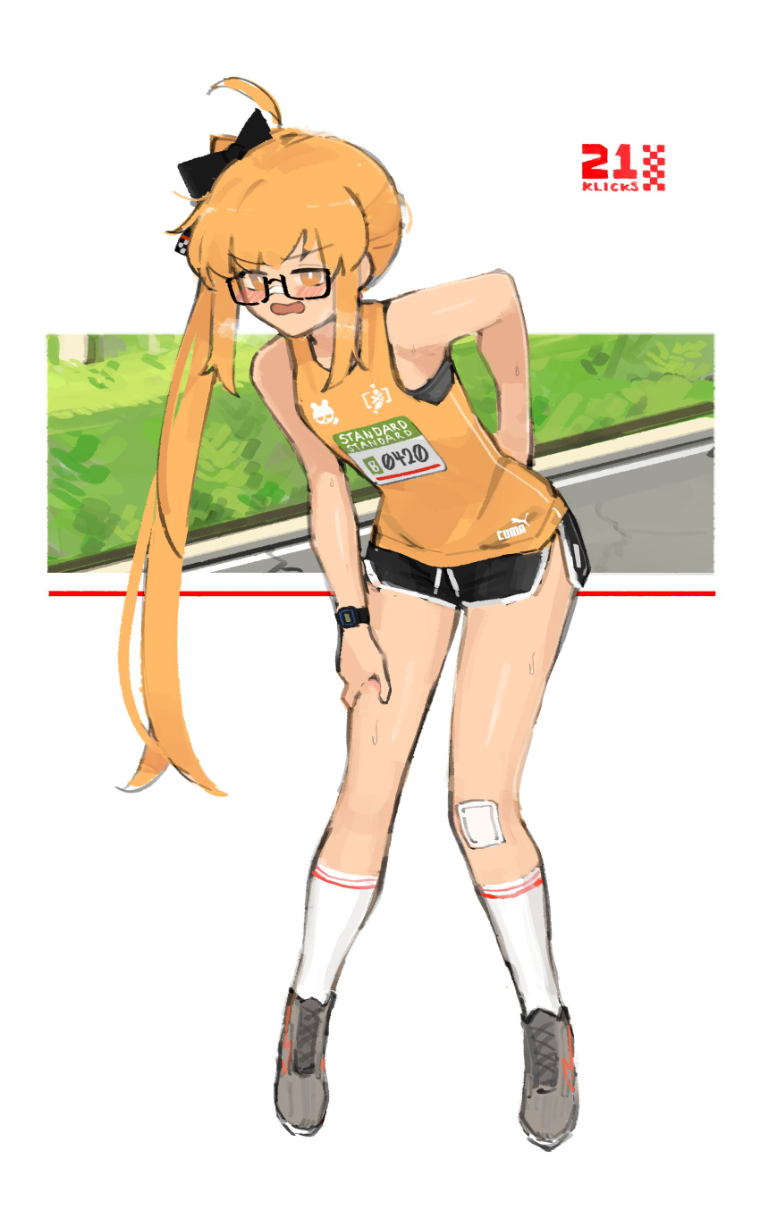 1girl absurdres black_bow black_shorts blonde_hair bow breasts full_body glasses hair_bow highres original shoes short_shorts shorts side_ponytail small_breasts socks solo tank_top track_and_field track_uniform watch white_background wristwatch xerbatt yellow_eyes yellow_tank_top