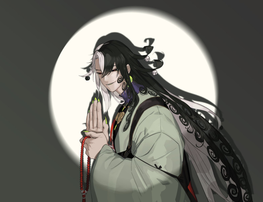 1boy ashiya_douman_(fate) asymmetrical_clothes bead_bracelet beads black_eyes black_hair bracelet curly_hair fate/grand_order fate_(series) fingernails from_side green_kimono hadanugi_dousa hair_between_eyes hair_intakes hand_gesture highres japanese_clothes jewelry kimono large_hands long_hair looking_at_viewer male_focus multicolored_hair open_clothes open_kimono plm233 red_pupils sharp_fingernails smirk solo split-color_hair spotlight upper_body very_long_fingernails very_long_hair white_hair wide_sleeves