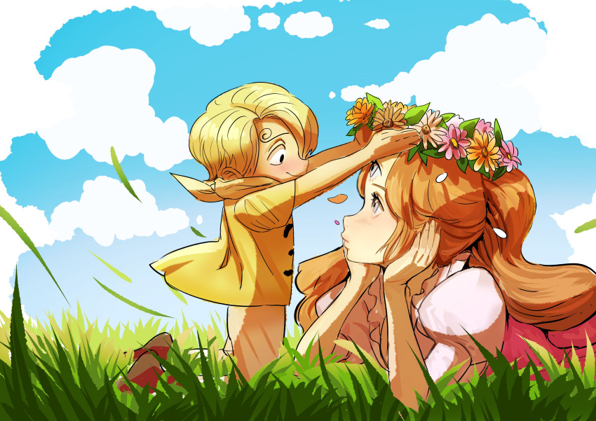 1boy 1girl absurdres aged_down blonde_hair blue_eyes blush brown_hair charlotte_pudding closed_mouth cloud commentary_request curly_eyebrows day dress flower grass hands_on_own_face head_wreath highres kneeling long_hair looking_at_another lying on_grass on_stomach one_piece outdoors pink_dress puffy_sleeves rita_ya sanji_(one_piece) shirt short_hair short_sleeves sky smile third_eye time_paradox twintails yellow_shirt