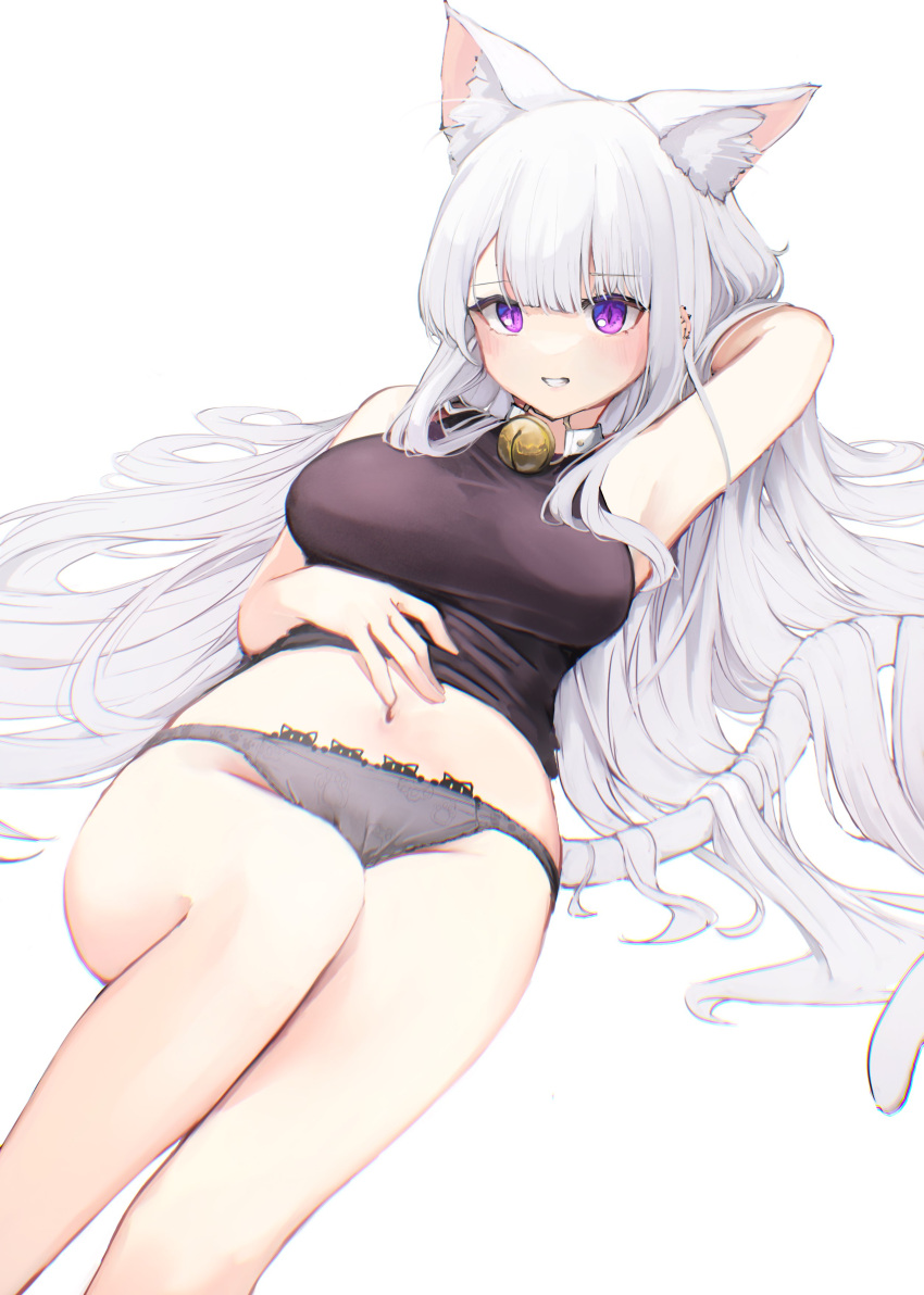 1girl absurdres animal_ear_fluff animal_ears arm_behind_head arm_pillow bell black_shirt blush breasts cat_ears cat_girl cat_tail commentary ear_piercing feet_out_of_frame grey_panties grin groin hand_on_own_stomach highres jingle_bell long_hair looking_at_viewer lying medium_breasts navel on_back original panties parted_lips paw_print paw_print_pattern piercing purple_eyes sapota_clone shirt simple_background sleeveless sleeveless_shirt slit_pupils smile solo tail underwear very_long_hair white_background white_hair
