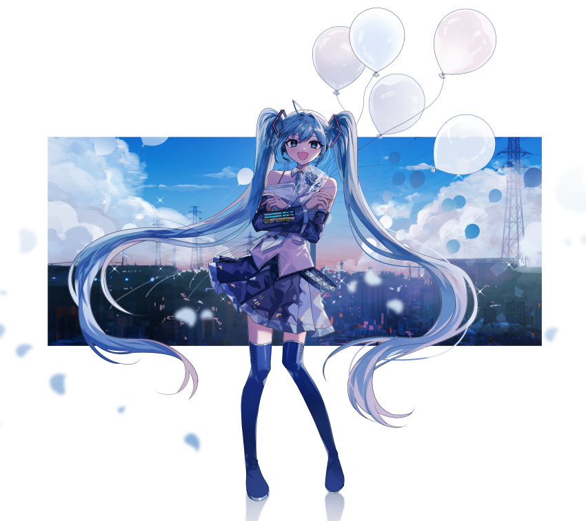 1girl :d absurdres ahoge balloon bare_shoulders black_footwear black_skirt black_sleeves blue_eyes blue_flower blue_hair blue_rose blue_sky boots building cloud collared_shirt commentary_request danjou_sora day detached_sleeves flower full_body hair_between_eyes hatsune_miku highres hugging_object long_hair long_sleeves looking_at_viewer petals pleated_skirt power_lines reflection rose shirt skirt sky sleeveless sleeveless_shirt smile solo standing thigh_boots transmission_tower very_long_hair vocaloid white_background white_shirt wide_sleeves