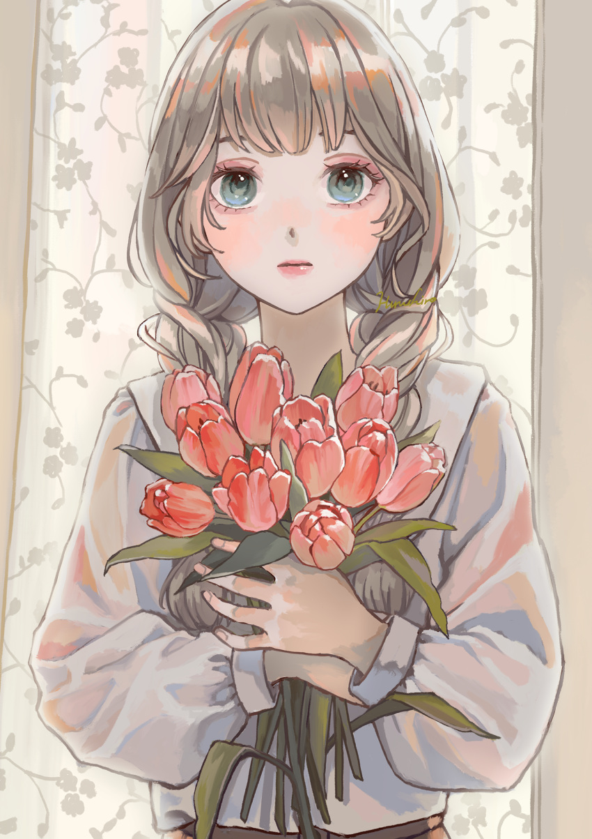 1girl blue_eyes blush braid expressionless flower grey_hair gucheng_jianglixiang highres holding holding_flower long_sleeves looking_at_viewer original solo tulip twin_braids