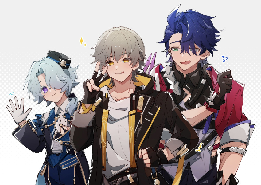 3boys black_gloves black_hat black_jacket blue_hair blue_vest caelus_(honkai:_star_rail) gloves green_eyes grey_hair highres honkai:_star_rail honkai_(series) jacket jifu_(gifu_7) light_blue_hair misha_(honkai:_star_rail) multiple_boys ponytail purple_eyes red_jacket sampo_koski shirt shorts tagme tongue tongue_out trailblazer_(honkai:_star_rail) vest waving white_gloves white_shirt yellow_eyes