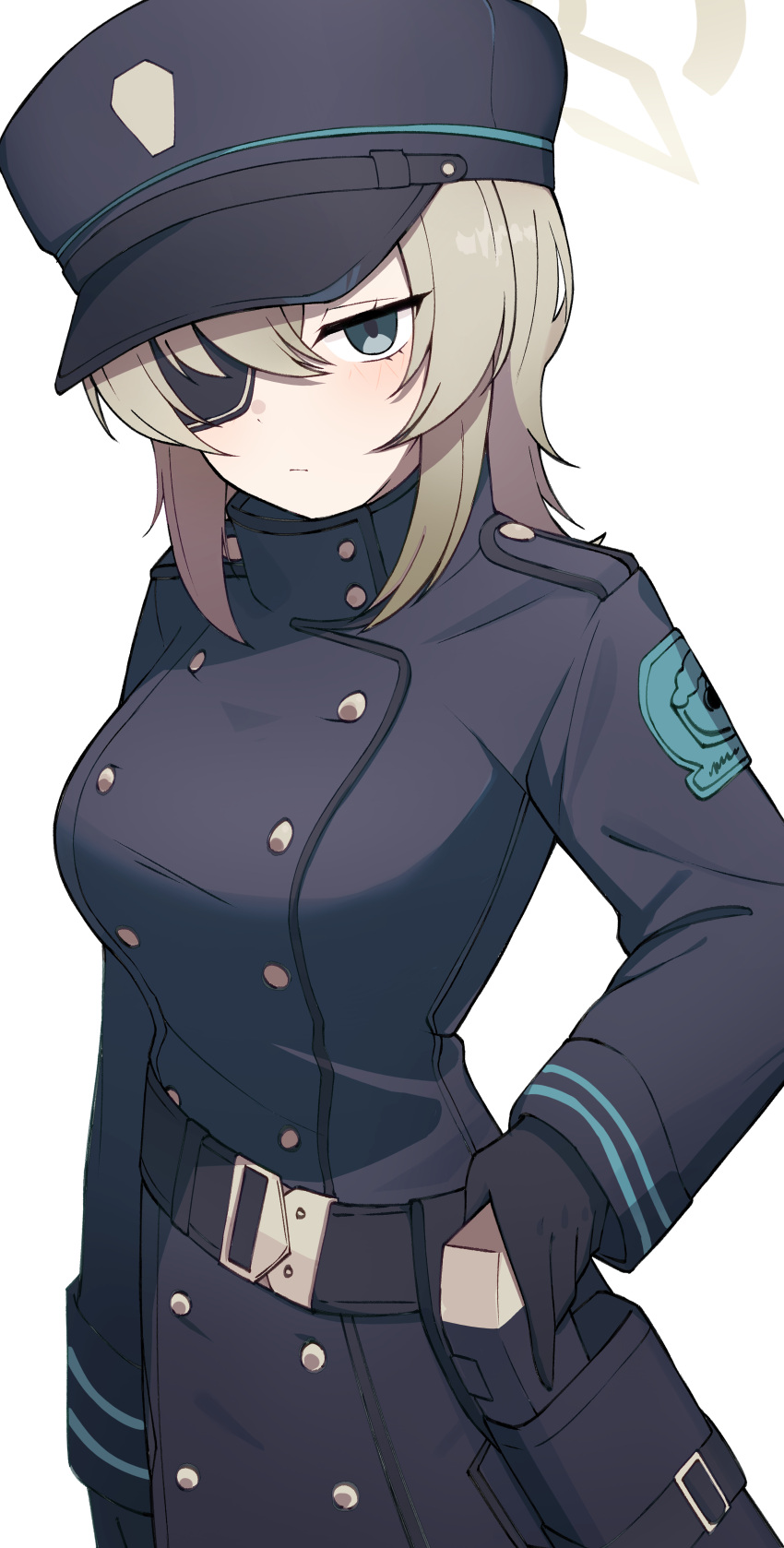 1girl absurdres belt black_gloves black_hat blonde_hair blue_archive breasts buttons coat commentary_request double-breasted eyepatch gloves green_eyes hair_between_eyes halo hat high_collar highres holster light_blush long_sleeves looking_at_viewer medium_breasts peaked_cap simple_background solo suou_(blue_archive) white_background zbuta_turatan