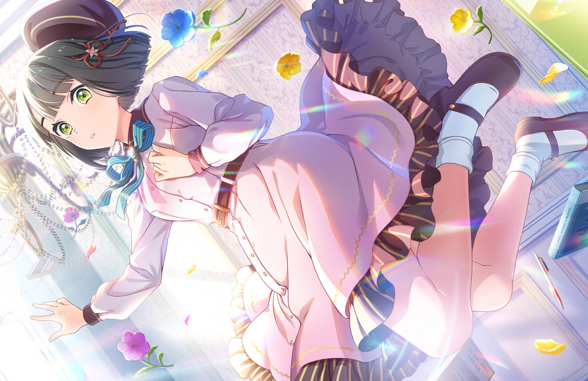 1girl aqua_ribbon beret black_footwear black_hair black_hat blue_flower blunt_bangs blunt_ends chandelier dream_believers_(love_live!) dress dutch_angle floating floating_hair floating_hat flower frilled_dress frills full_body game_cg green_eyes hair_flower hair_ornament hand_on_own_chest hand_up hat highres link!_like!_love_live! looking_at_viewer love_live! mary_janes mechanical_pencil medium_dress momose_ginko neck_ribbon official_art parted_lips pencil pink_dress pink_flower ribbon shoes short_hair socks solo textbook third-party_source virtual_youtuber white_socks yellow_flower