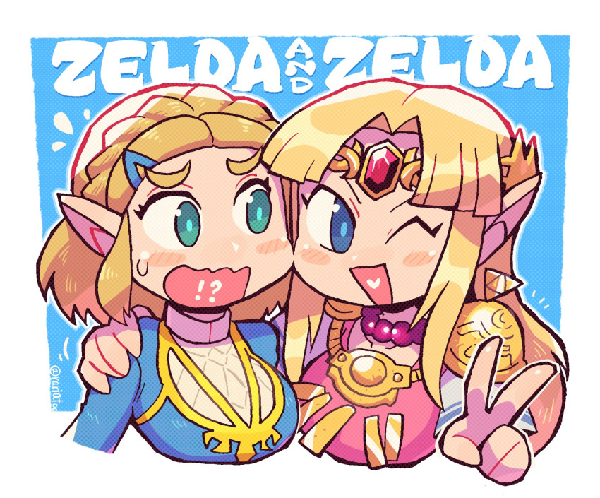 !? 2girls bangs blue_eyes braid character_name crown_braid dual_persona forehead_jewel green_eyes hand_on_another's_shoulder highres long_hair looking_at_another looking_to_the_side multiple_girls one_eye_closed open_mouth parted_bangs pointy_ears princess_zelda rariatto_(ganguri) short_hair surprised the_legend_of_zelda the_legend_of_zelda:_a_link_between_worlds the_legend_of_zelda:_breath_of_the_wild the_legend_of_zelda:_tears_of_the_kingdom v