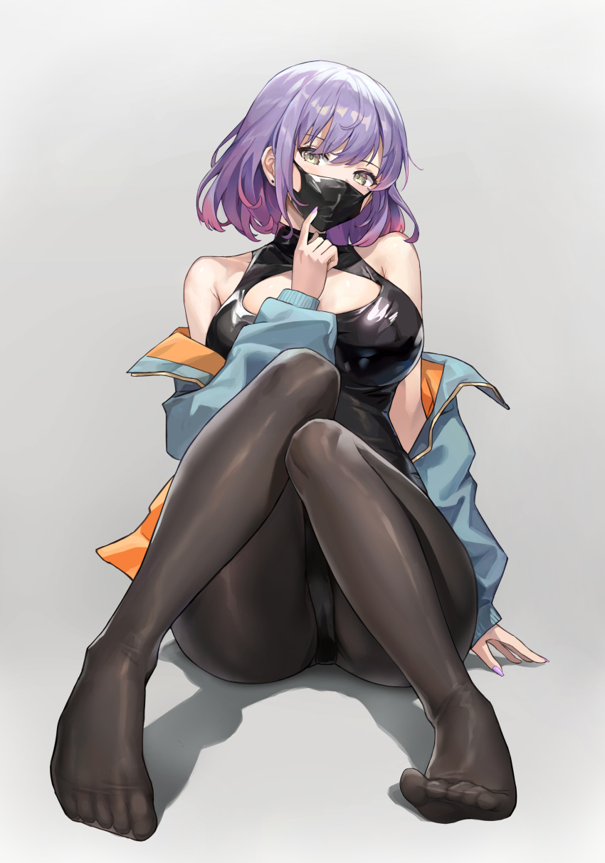 1girl absurdres bare_shoulders black_leotard black_mask blue_jacket borrowed_character cleavage_cutout clothing_cutout colored_tips ear_piercing full_body gradient_hair grey_background hand_up highres index_finger_raised jacket knees_together_feet_apart knees_up kuza_brs legs leotard looking_at_viewer mask mouth_mask multicolored_hair no_shoes off_shoulder original piercing pink_hair purple_hair short_hair simple_background sitting solo thighs toes yellow_eyes