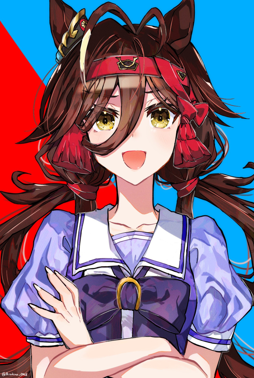 1girl antenna_hair asahina_(asahina_0428) breasts brown_hair crossed_arms hair_between_eyes hair_ornament headband highres horse_girl long_hair looking_at_viewer low_twintails no_reason_(umamusume) open_mouth portrait school_uniform small_breasts solo tracen_school_uniform twintails twitter_username umamusume yellow_eyes