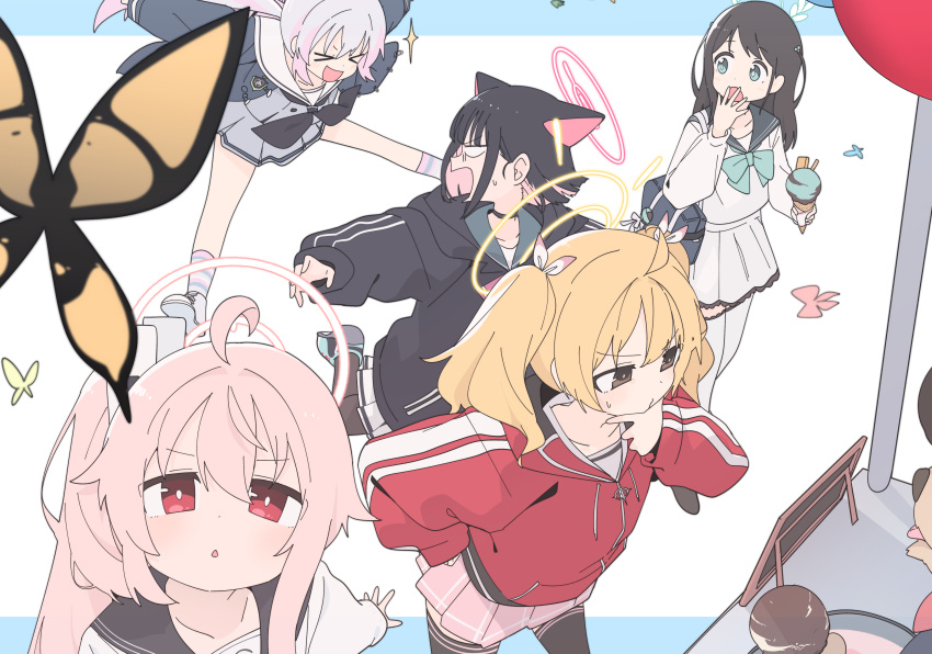 &gt;_&lt; 5girls absurdres after-school_sweets_club_(blue_archive) airi_(blue_archive) black_hair black_jacket black_thighhighs blank_eyes blonde_hair blue_archive bug butterfly food halo hand_on_own_chin highres holding holding_food hood hooded_jacket ice_cream_cone jacket jumping kazusa_(blue_archive) looking_at_animal looking_at_another luke_(dydansgur) multiple_girls natsu_(blue_archive) pink_hair pleated_skirt red_jacket reisa_(blue_archive) school_uniform serafuku skirt stroking_own_chin thighhighs track_jacket yellow_butterfly yoshimi_(blue_archive)