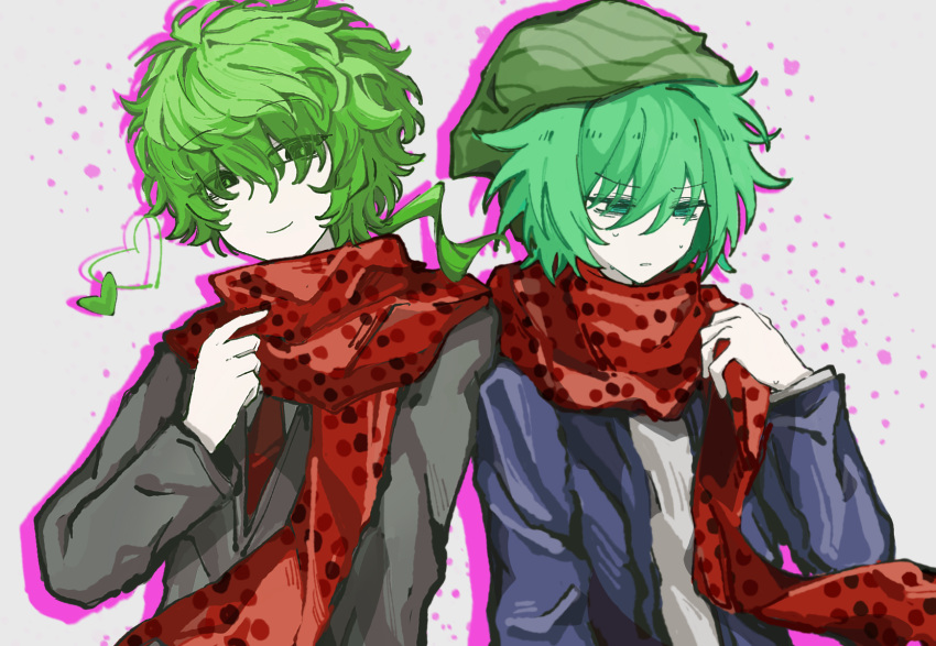 2boys blue_jacket chinese_commentary closed_mouth commentary_request green_eyes green_hair grey_jacket heart highres hiyori_sou jacket jiekuijiangshadaonijiamenkou kimi_ga_shine long_sleeves male_focus midori_(kimi_ga_shine) multiple_boys necktie no_nose open_clothes open_jacket pale_skin red_necktie red_scarf scarf shirt short_hair smile sweat white_shirt