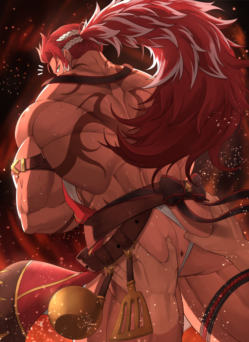 1boy alternate_costume anus apron armband ass ass_grab back_tattoo bara bellsaltr black_background feet_out_of_frame fire fundoshi granblue_fantasy highres huge_ass japanese_clothes leather leather_belt light_particles long_hair looking_back male_focus manly mature_male multicolored_hair muscular muscular_male official_alternate_costume ponytail red_hair simple_background solo spatula spiked_hair spoon spread_ass tan tattoo thick_arms thick_thighs thighs white_hair wilnas_(apron_of_ardor)_(granblue_fantasy) wilnas_(granblue_fantasy) yellow_eyes