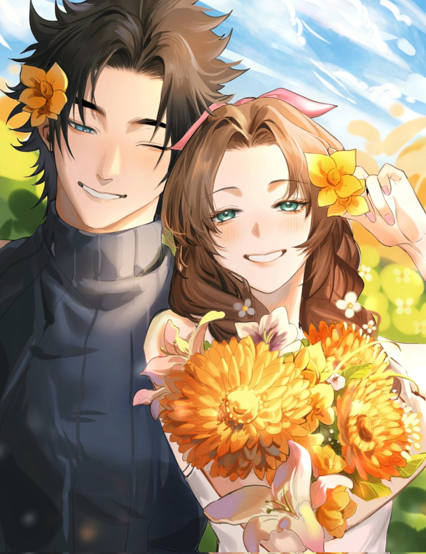 1boy 1girl aerith_gainsborough bare_shoulders black_hair blue_eyes blue_sky blue_sweater blush brown_hair cloud cloudy_sky commentary couple crisis_core_final_fantasy_vii final_fantasy final_fantasy_vii final_fantasy_vii_rebirth final_fantasy_vii_remake flower green_eyes hair_flower hair_ornament hair_ribbon hand_up head_tilt heads_together highres holding holding_flower long_hair looking_at_viewer one_eye_closed outdoors parted_bangs parted_lips pink_ribbon rekooo ribbed_sweater ribbon short_hair sky sleeveless sleeveless_turtleneck smile spiked_hair sunflower sweater symbol-only_commentary turtleneck turtleneck_sweater upper_body yellow_flower zack_fair