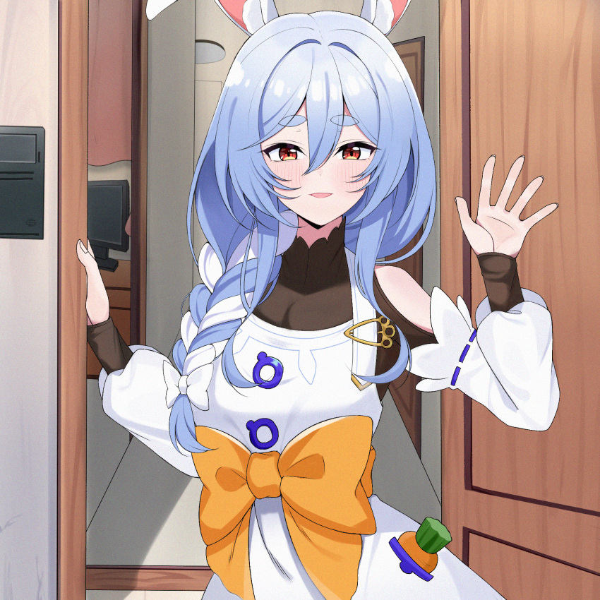 1girl animal_ear_fluff animal_ears blue_hair blush braid breasts door doorway highres hololive long_hair looking_at_viewer lorian_(ahrs3558) mature_female multicolored_hair open_door open_mouth opening_door pekomama pov_doorway rabbit_ears rabbit_girl red_eyes short_eyebrows smile solo thick_eyebrows virtual_youtuber waving white_hair