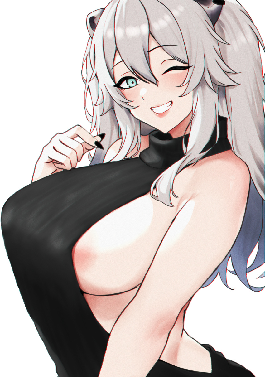 1girl ahoge animal_ears bare_shoulders black_sweater blush breasts cynthia_dinze ear_piercing green_eyes grey_hair hair_between_eyes highres hololive large_breasts lion_ears lion_girl long_hair looking_at_viewer meme_attire one_eye_closed piercing shishiro_botan sideboob sleeveless sleeveless_turtleneck smile sweater turtleneck turtleneck_sweater virgin_destroyer_sweater virtual_youtuber