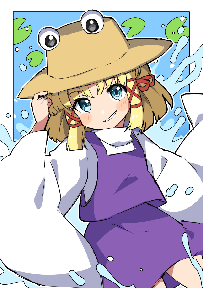 1girl absurdres blonde_hair blue_eyes blush_stickers brown_hat grin hat highres lily_pad long_sleeves looking_at_viewer miz_(mizillustration) moriya_suwako outside_border purple_skirt purple_vest shirt short_hair sidelocks skirt smile solo standing touhou turtleneck vest water white_shirt wide_sleeves