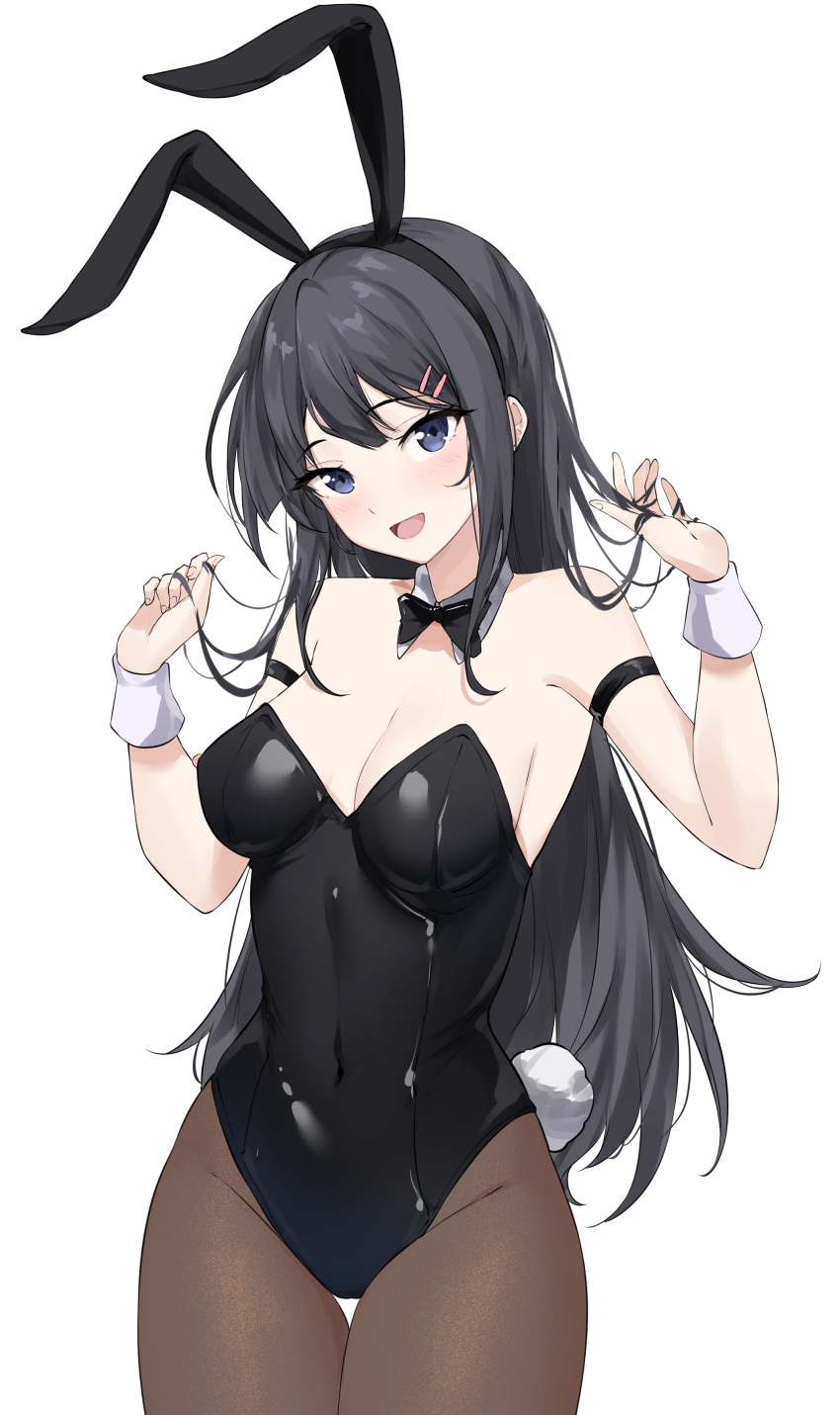 1girl :d absurdres animal_ears arm_strap bare_shoulders black_bow black_bowtie black_hair black_hairband black_leotard black_pantyhose blue_eyes bow bowtie breasts brown_pantyhose character_request cleavage copyright_request covered_navel cowboy_shot detached_collar fake_animal_ears fake_tail feint721 hair_ornament hairband hairclip hairpin hands_up highleg highleg_leotard highres large_breasts leotard long_hair looking_at_viewer medium_breasts open_mouth pantyhose playboy_bunny rabbit_ears rabbit_tail sakurajima_mai seishun_buta_yarou simple_background smile solo standing strapless strapless_leotard tail thigh_gap white_background wrist_cuffs