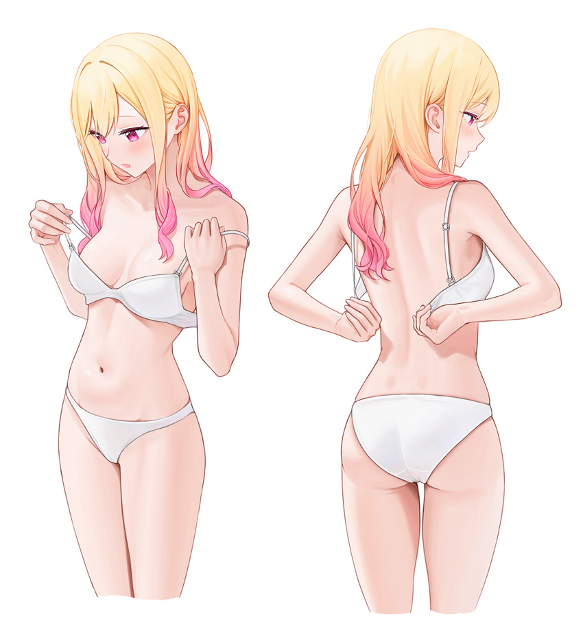 1girl 2_(tsvf3235) alternate_hairstyle ass blonde_hair blush bra breasts gradient_hair highres long_hair medium_breasts multicolored_hair navel open_mouth panties pink_hair project_sekai removing_bra solo tenma_saki underwear white_background white_bra white_panties