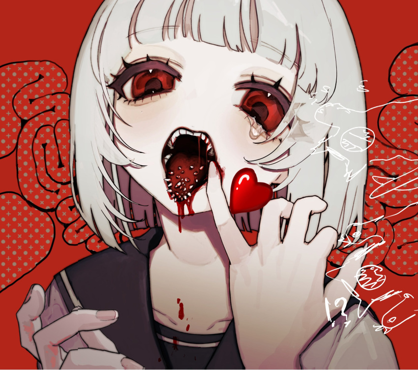 1girl bleeding blood blood_from_mouth body_horror fingernails heart highres horror_(theme) looking_at_viewer no_nose numata_zombie open_mouth original portrait red_background red_eyes school_uniform serafuku solo tears teeth tongue white_hair