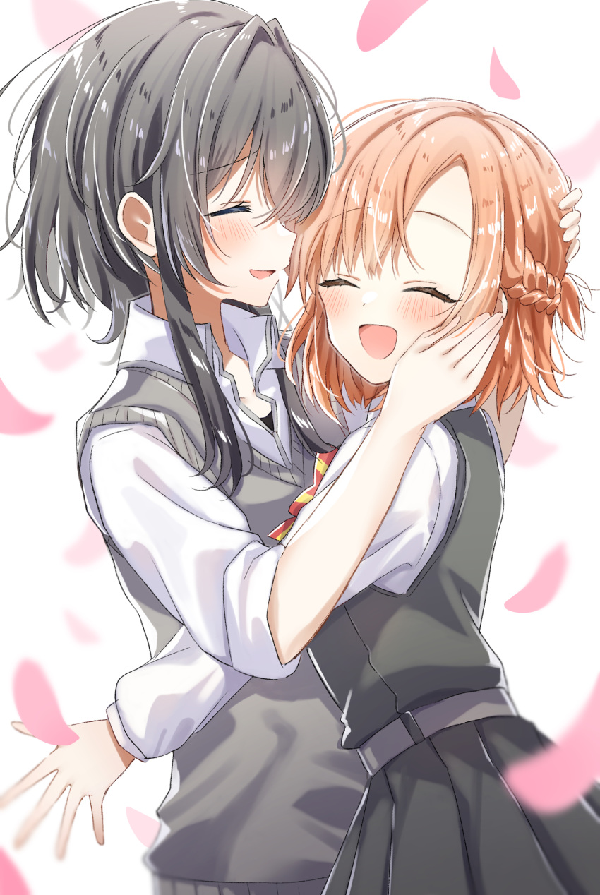 2girls asanagi_yori black_hair braid closed_eyes collared_shirt commentary dress english_commentary falling_petals french_braid grey_dress grey_sweater_vest hand_on_another's_face hand_on_another's_head highres kino_himari long_hair multiple_girls open_mouth orange_hair parted_lips petals pinafore_dress sasayaku_you_ni_koi_wo_utau school_uniform shirt short_hair simple_background sleeveless sleeveless_dress sleeves_rolled_up smile sweater_vest upper_body white_background white_shirt yunagi_(yng_hoti) yuri