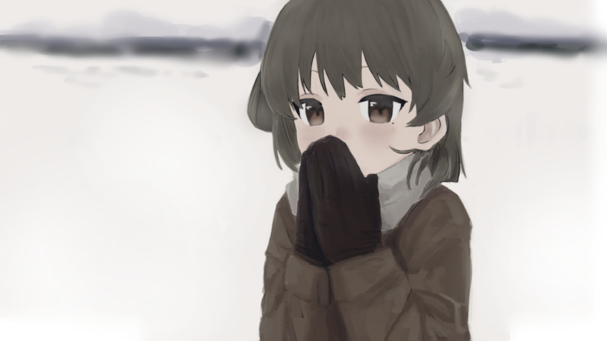 1girl black_gloves blurry blurry_background brown_coat brown_eyes brown_hair coat covering_own_mouth gloves grey_scarf hands_up hatoba_tsugu highres light_blush long_sleeves looking_at_viewer medium_hair mimizu_ningen mole mole_under_eye outdoors palms_together scarf snow solo tsugu_(vtuber) upper_body virtual_youtuber winter_clothes