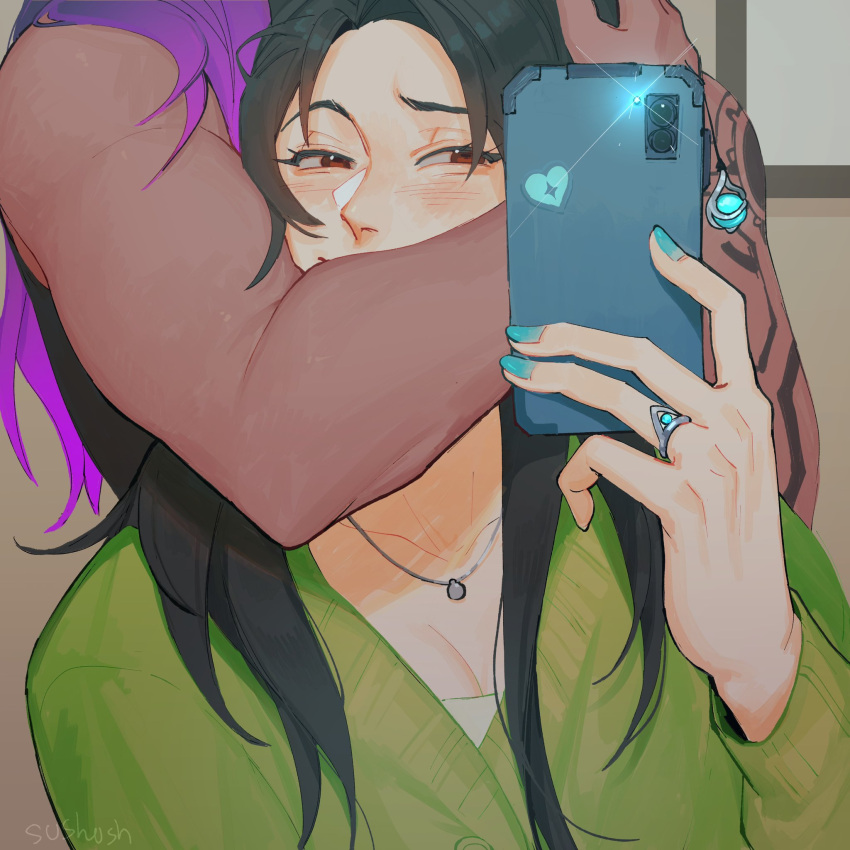 2girls aqua_nails arm_tattoo black_hair blush cellphone_charm charm_(object) dark_skin green_sweater highres holding holding_phone jewelry long_hair meme multiple_girls muscular muscular_female necklace phone purple_hair red_eyes reyna_(valorant) ring sage_(valorant) smile sussy_(sushushh) sweater tattoo valorant yuri