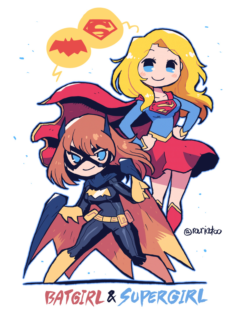 2girls absurdres barbara_gordon batgirl batman_(series) blonde_hair blue_eyes blush breasts brown_hair cape clenched_hands dc_comics english_text flying hands_on_hips highres looking_at_viewer multiple_girls rariatto_(ganguri) red_cape red_skirt simple_background skirt smile supergirl superhero superman_(series) white_background