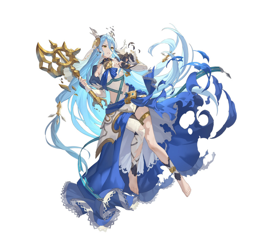 1girl asymmetrical_legwear axe azura_(fire_emblem) azura_(song's_reflection)_(fire_emblem) barefoot blue_hair dress elbow_gloves fake_horns fingerless_gloves fire_emblem fire_emblem_fates fire_emblem_heroes full_body gloves hair_between_eyes hairband horned_headwear horns jewelry juliet_sleeves long_hair long_sleeves official_art puffy_sleeves second-party_source simple_background smile solo teffish veil very_long_hair white_veil yellow_eyes