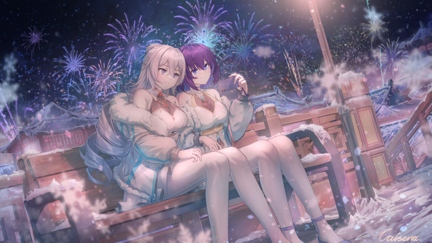 1girl absurdres aged_up bangs bare_shoulders black_hair blue_eyes blue_hair blush breasts bronya_zaychik bronya_zaychik_(silverwing:_n-ex) caisena chest_tattoo cleavage closed_mouth coat drill_hair fireworks fur-trimmed_coat fur_trim grey_eyes grey_hair hair_between_eyes hair_ornament highres holding honkai_(series) honkai_impact_3rd jewelry large_breasts long_hair long_sleeves multicolored_hair new_year night open_clothes open_coat pantyhose seele_vollerei seele_vollerei_(swallowtail_phantasm) selfie short_hair sitting sitting_on_bench skirt smile snow snowflakes snowing tattoo temple thighhighs twin_drills two-tone_hair white_coat white_pantyhose