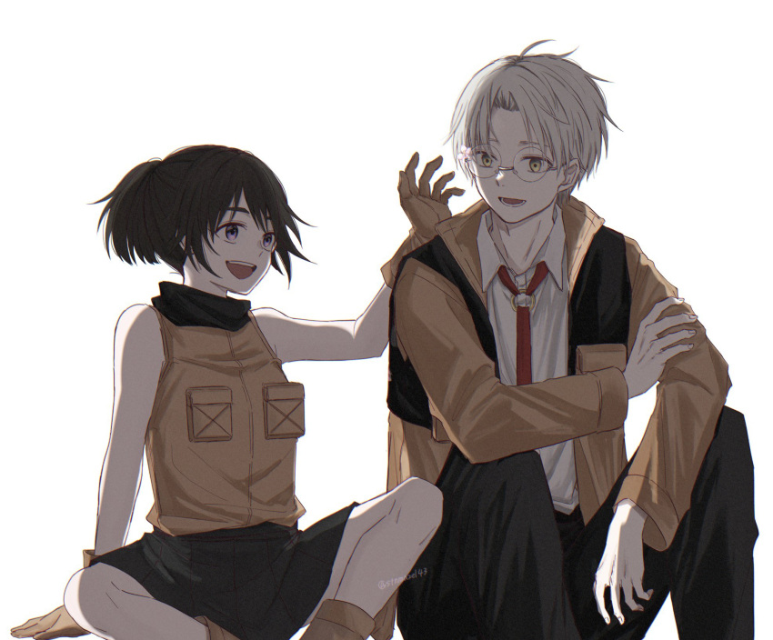 black_hair blonde_hair brown_gloves brown_jacket bulletproof_vest choujin_x couple gloves hand_on_another's_back height_difference higashi_azuma_(choujin_x) highres jacket necktie open_clothes open_jacket otta_ely_(choujin_x) purple_eyes rokuen_skd smile vest white_background yellow_eyes