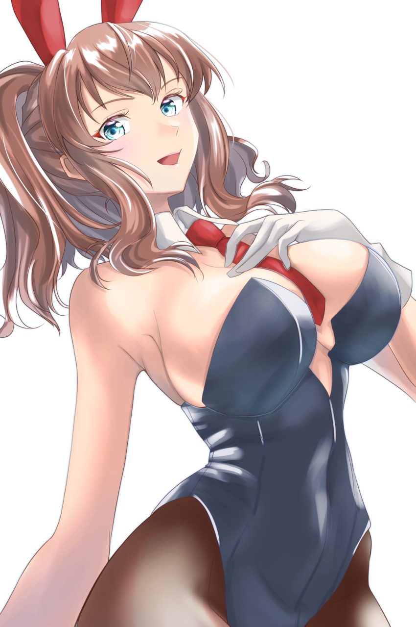 1girl animal_ears between_breasts black_leotard blue_eyes bow bowtie breasts brown_hair brown_pantyhose detached_collar hair_between_eyes highleg highleg_leotard highres kantai_collection large_breasts leotard looking_at_viewer necktie open_mouth pantyhose playboy_bunny ponytail rabbit_ears red_necktie saratoga_(kancolle) side_ponytail smile solo strapless strapless_leotard traditional_bowtie tsukasa_(tukasa_br) upper_body wrist_cuffs