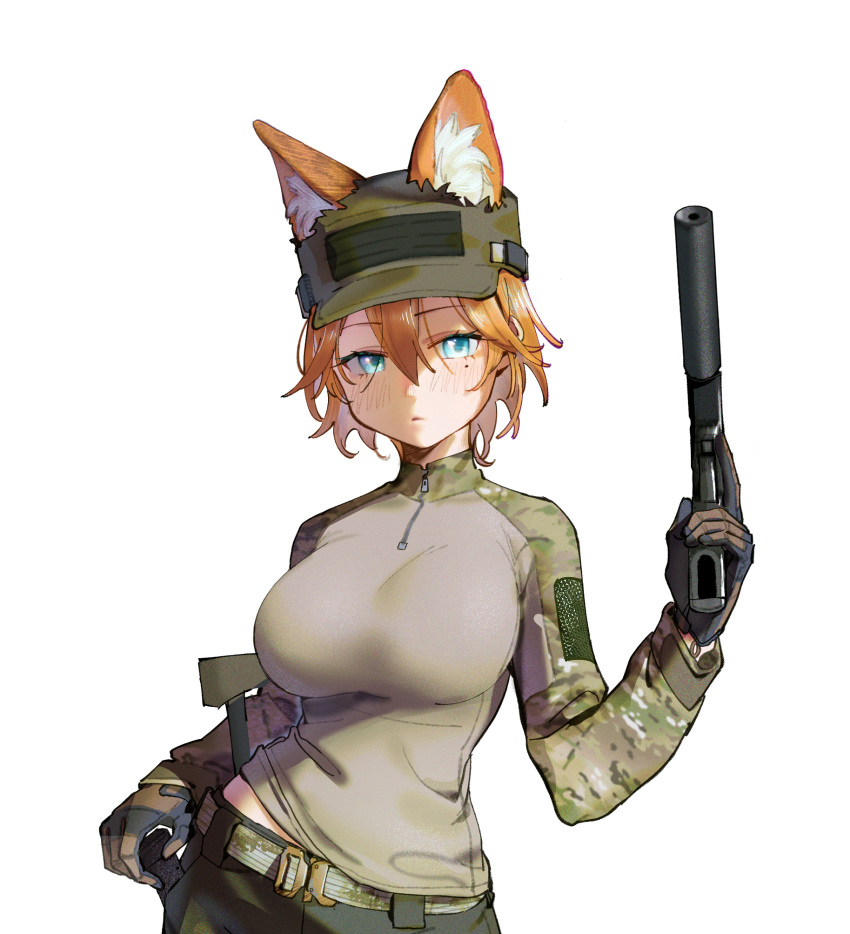 animal_ears belt blue_eyes breasts ears_through_headwear gloves gun handgun hat hei_yan-m82a1 highres holding holding_gun holding_weapon large_breasts military_uniform mole mole_under_eye multiple_weapons muzzle_device orange_hair rifle short_hair trigger_discipline uniform weapon zipper