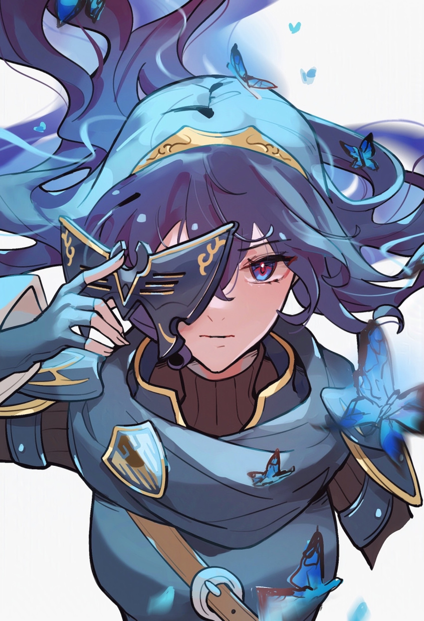 1girl blue_cape blue_eyes blue_gloves blue_hair bug butterfly cape closed_mouth english_commentary fingerless_gloves fire_emblem fire_emblem_awakening floating_hair gloves hair_between_eyes highres holding holding_mask long_hair long_sleeves looking_at_viewer lucina_(fire_emblem) lunachaili mask removing_mask solo tiara upper_body